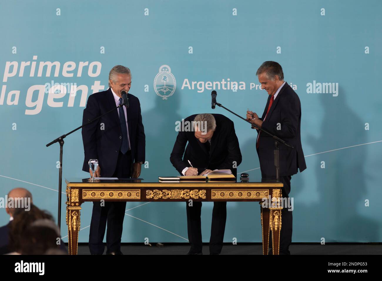 Buenos Aires, Argentina. 15th Feb, 2023. The President of the Nation Alberto Fernandez swore in the new Chief of Ministers of the Nation Agustín Rossi at the Government House. (Photo by Esteban Osorio/Pacific Press) Credit: Pacific Press Media Production Corp./Alamy Live News Stock Photo