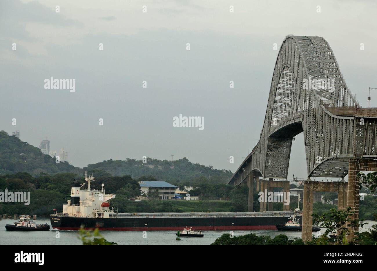 Tugboats help to pull an cargo ship that ran aground on a pillar of the