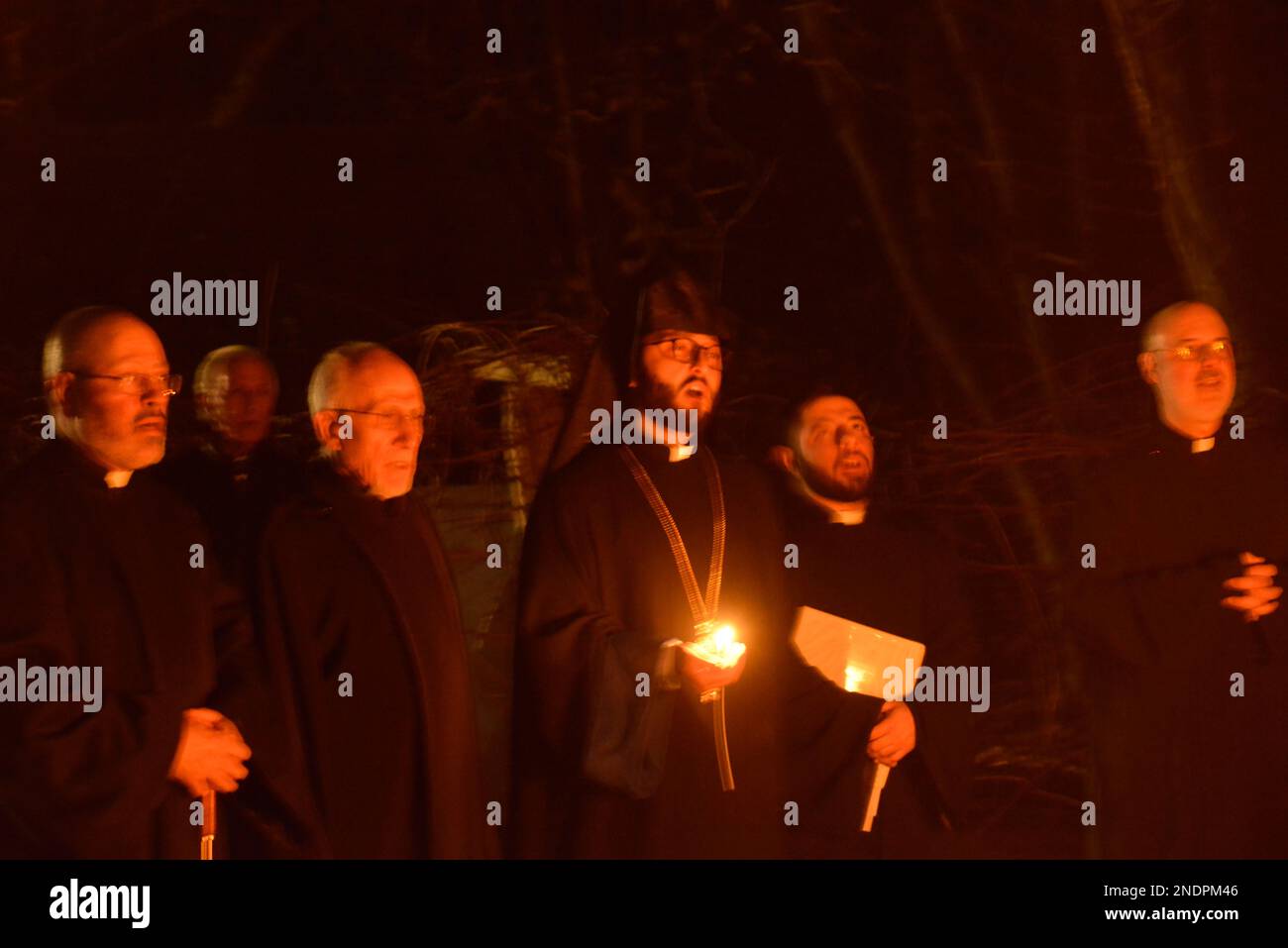 Whitinsville, Massachusetts, USA. 14th Feb, 2023. Fire cermony called Trndez, in Whitinsville, Massachusetts at the Hoyl Mother of God church after an Armenian Apostolic Church mass celebratinig the presentation of Jesus at the Temple. Trndez (also Tyarndarach and Candlemas Day) is a feast of purification in the Armenian Apostolic Church and Armenian Catholic Churches, celebrated 40 days after Jesus' birth. The two churches celebrate this on different days, the 13th (with celebrations on the eve of the 14th of February) and the 2nd of February. (Credit Image: © Kenneth Martin/ZUMA Press Wir Stock Photo