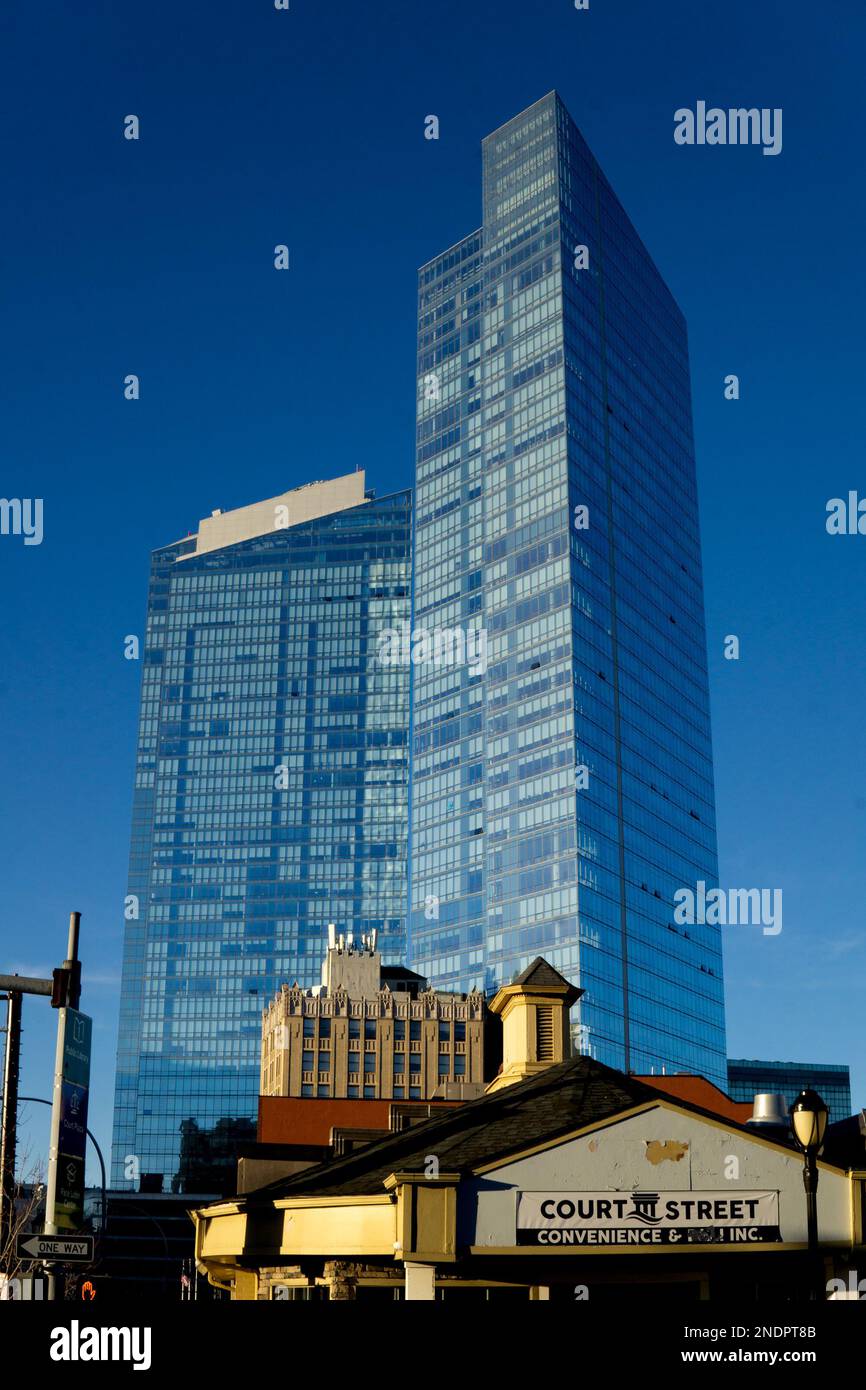 White Plains, NY - USA - Feb 10, 2023 View of the former Ritz-Carlton skyscraper at 3 Renaissance Square in Downtown White Plain. Part of a two-tower Stock Photo