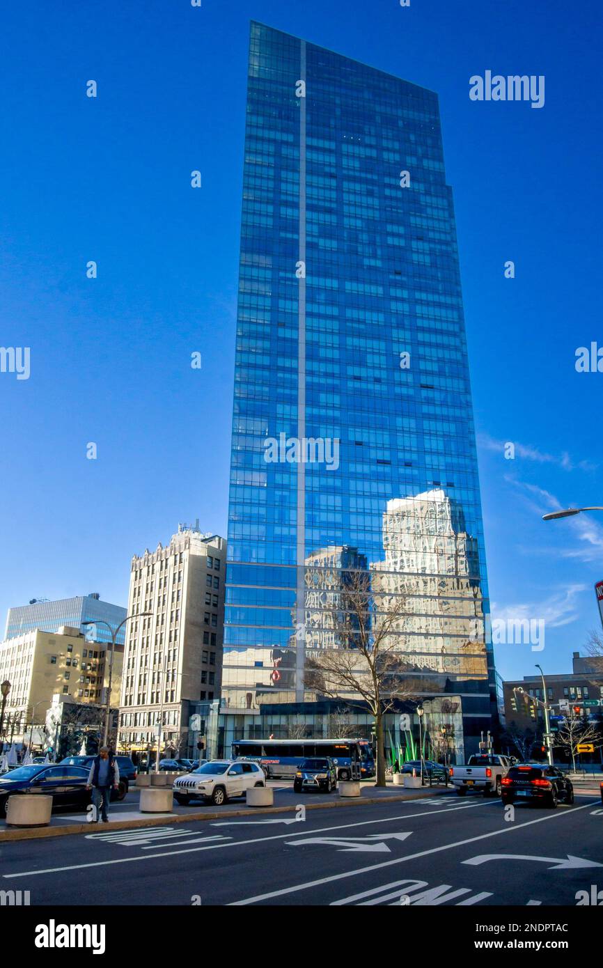 White Plains, NY - USA - Feb 10, 2023 View of the former Ritz-Carlton skyscraper at 3 Renaissance Square in Downtown White Plain. Part of a two-tower Stock Photo