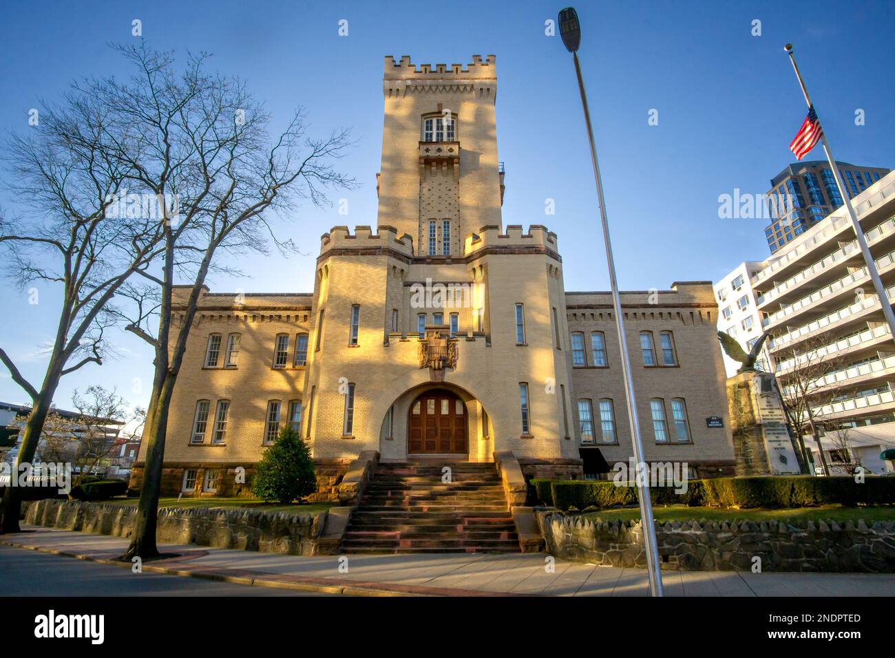 White Plains, NY - USA - Feb 10, 2023 Horizontal view of the White Plains Armory. A historic building in White Plains, New York, in Westchester County Stock Photo