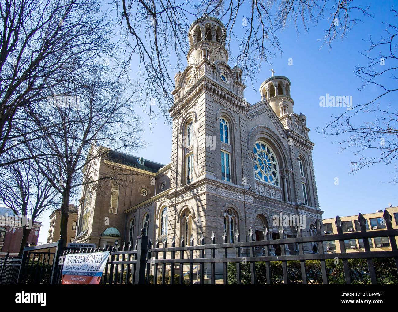 Bronx, NY - USA - Feb 11, 2023 Head on view of the Byzantine Revival-style St. Raymond's Church, a parish church in the Bronx. Designed by George H. S Stock Photo