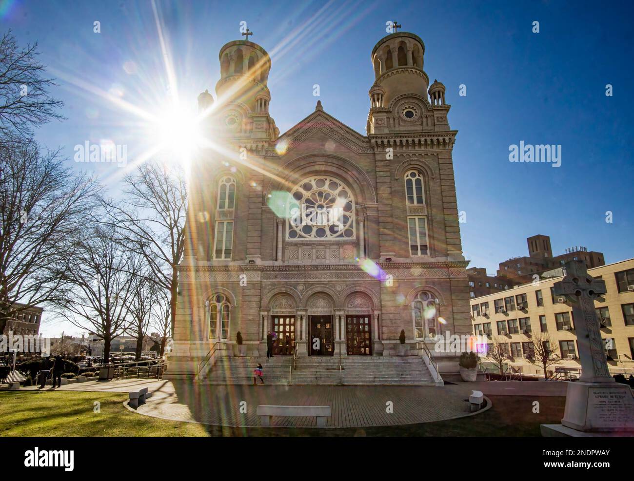 Bronx, NY - USA - Feb 11, 2023 Head on view of the Byzantine Revival-style St. Raymond's Church, a parish church in the Bronx. Designed by George H. S Stock Photo