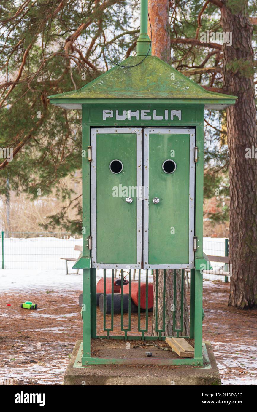 Old phone booths at Helletiee square in Käpylä in Tampere Finland Stock Photo