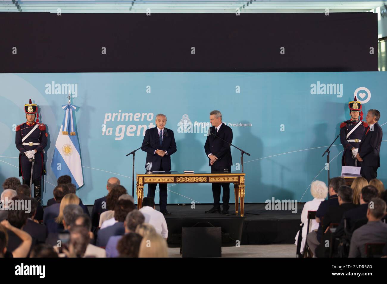 Buenos Aires, Argentina. 15th Feb, 2023. The President of the Nation Alberto Fernandez swore in the new Chief of Ministers of the Nation AgustÃ-n Rossi at the Government House. (Credit Image: © Esteban Osorio/Pacific Press via ZUMA Press Wire) EDITORIAL USAGE ONLY! Not for Commercial USAGE! Stock Photo