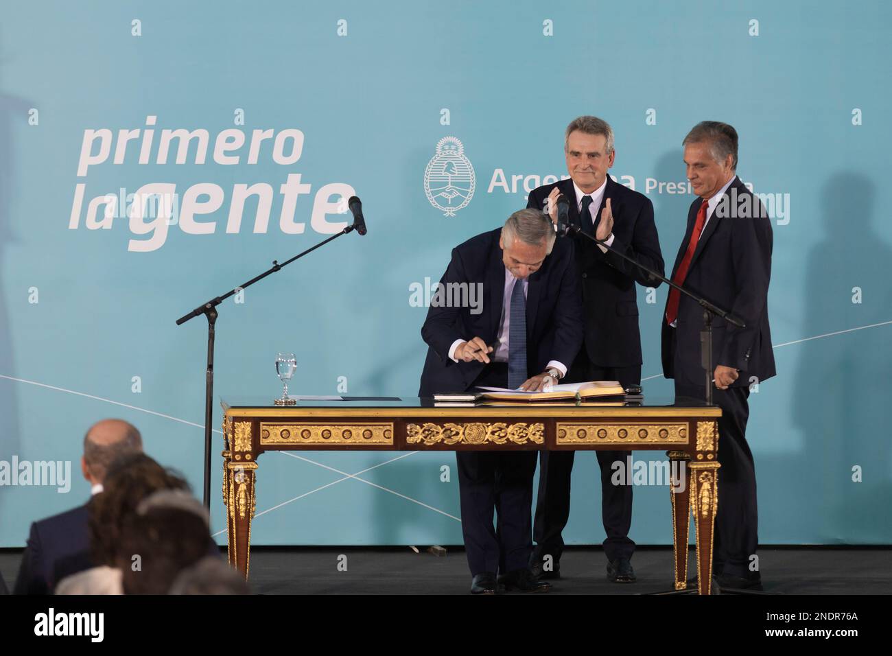 Buenos Aires, Argentina. 15th Feb, 2023. The President of the Nation Alberto Fernandez swore in the new Chief of Ministers of the Nation AgustÃ-n Rossi at the Government House. (Credit Image: © Esteban Osorio/Pacific Press via ZUMA Press Wire) EDITORIAL USAGE ONLY! Not for Commercial USAGE! Stock Photo