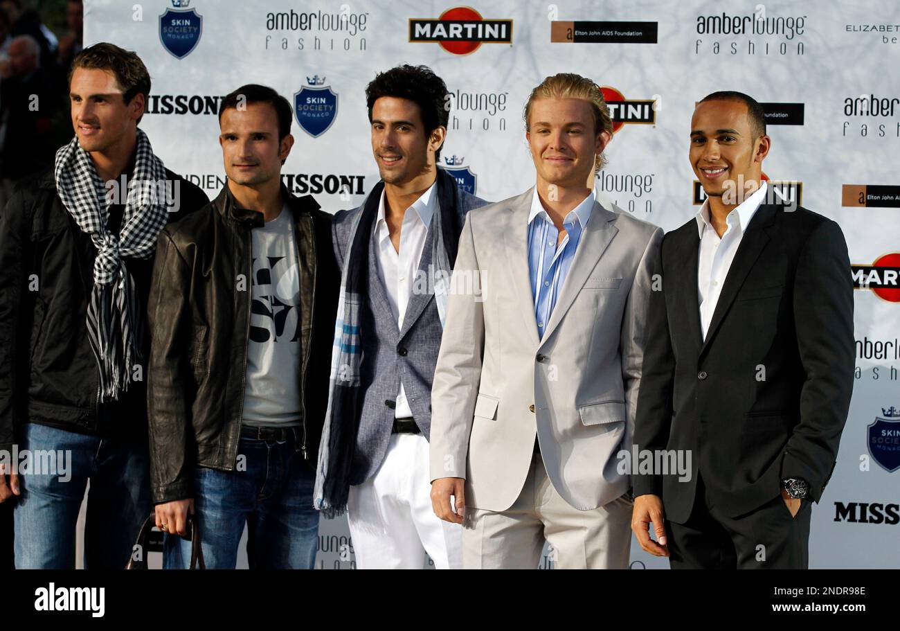 From left, Force India driver Adrian Sutil of Germany, Force India driver  Vitantonio Liuzzi of Italy, Virgin driver Lucas di Grassi of Brazil,  Mercedes Grand Prix driver Nico Rosberg of Germany and