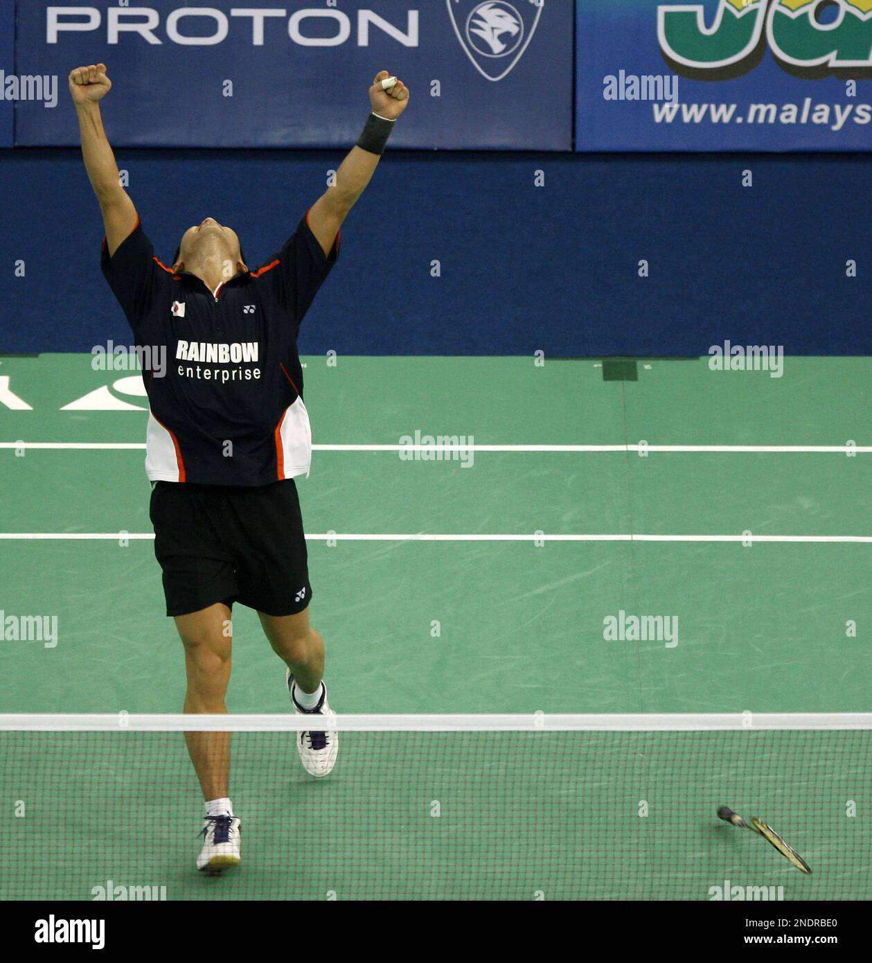 Japans Sho Sasaki celebrates after defeating Indonesias Simon Santoso during their semifinal match of the Thomas Cup badminton championships in Kuala Lumpur, Malaysia, Friday, May 14, 2010