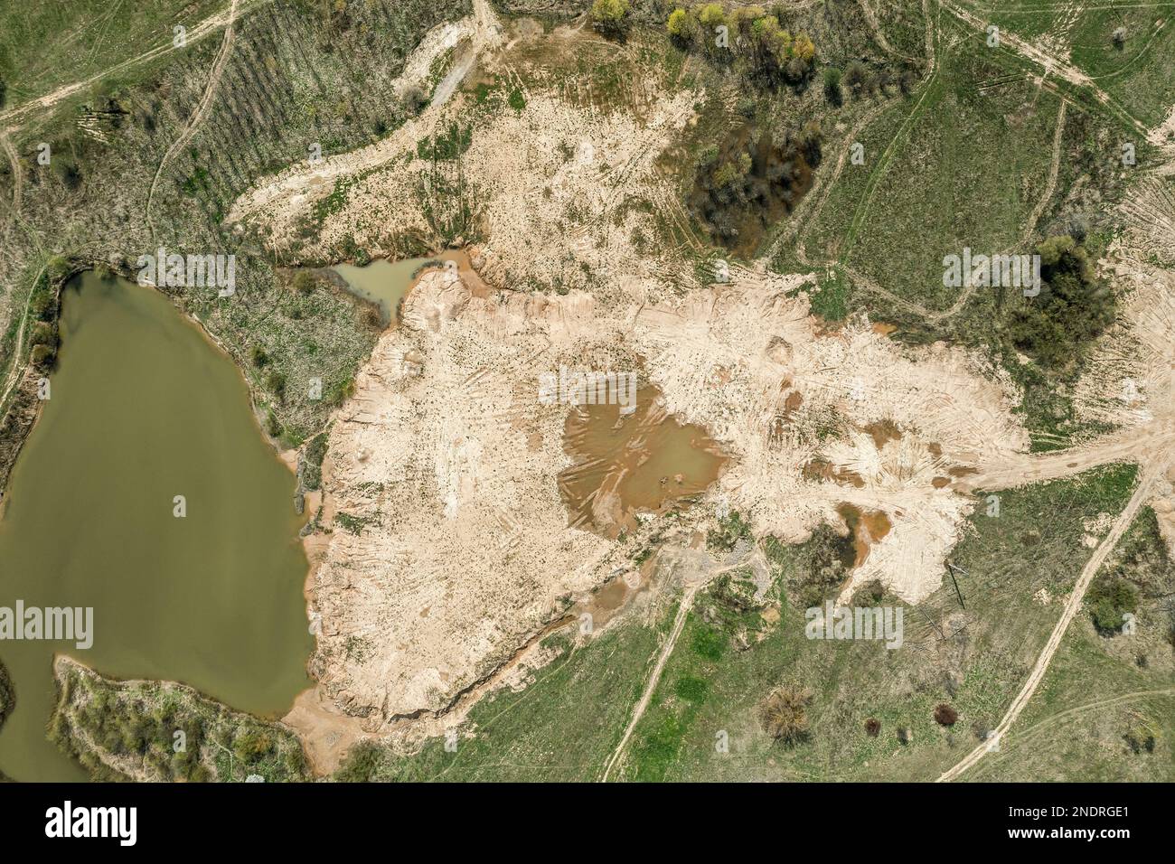 wild nature landscape in sunny spring day. aerial top view. Stock Photo