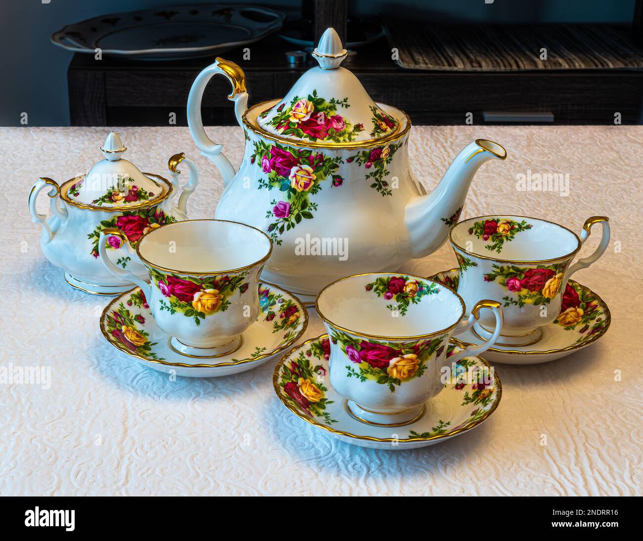 Royal Albert porcelain tableware, coffee cup. Hand-painted flowers. Can be used to illustrate porcelain dishes in newspapers. Stock Photo