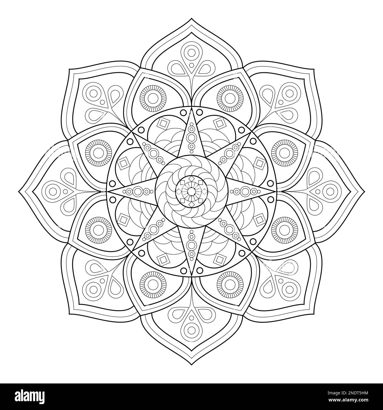 Circular mandala pattern. Black and white freehand drawing. Tattoo sketch, Mahendi. Ethnic drawing. Coloring book for relaxation Stock Vector