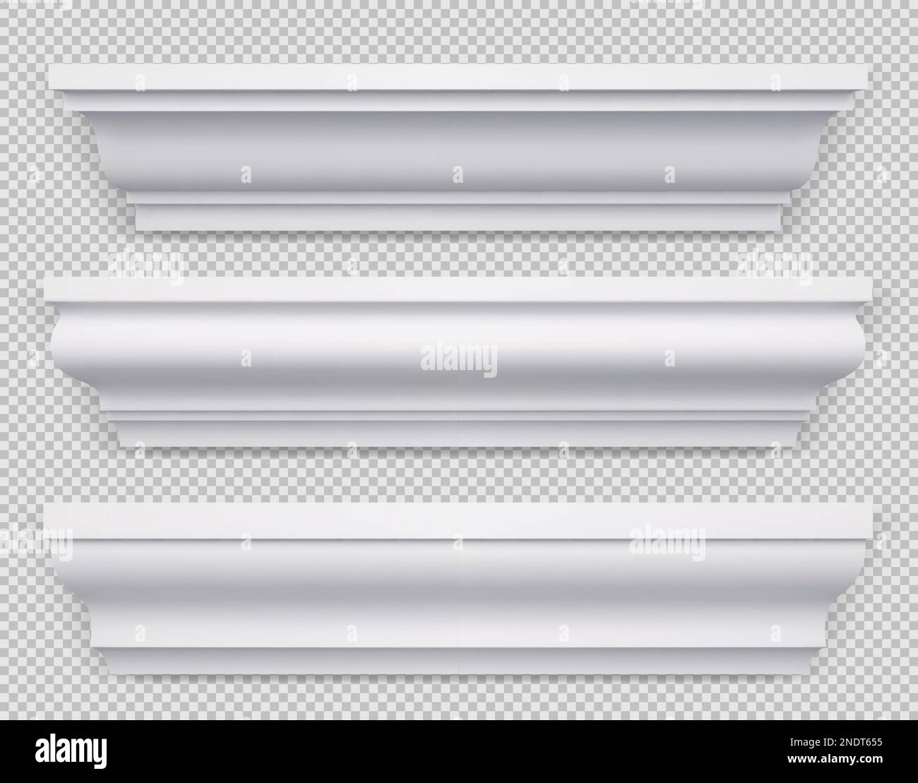 Realistic set of classic white baseboard molding png isolated on transparent background. Vector illustration of decorative skirting boards made of wood or gypsum for ceiling, floor and wall design Stock Vector