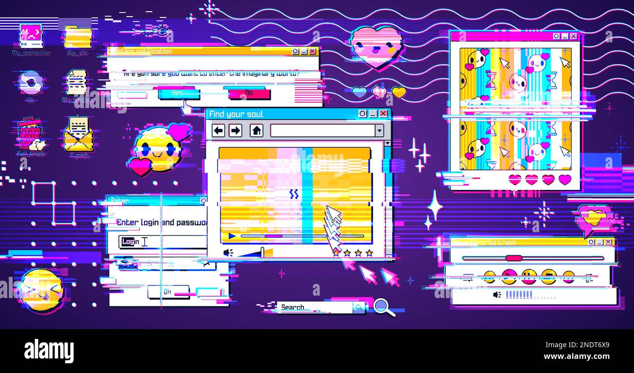 Retro y2k window browser screen with glitch effect vector background. 90s psychedelic design for internet interface. Vaporwave desktop notification template. Nostalgic bug and distortion illustration. Stock Vector
