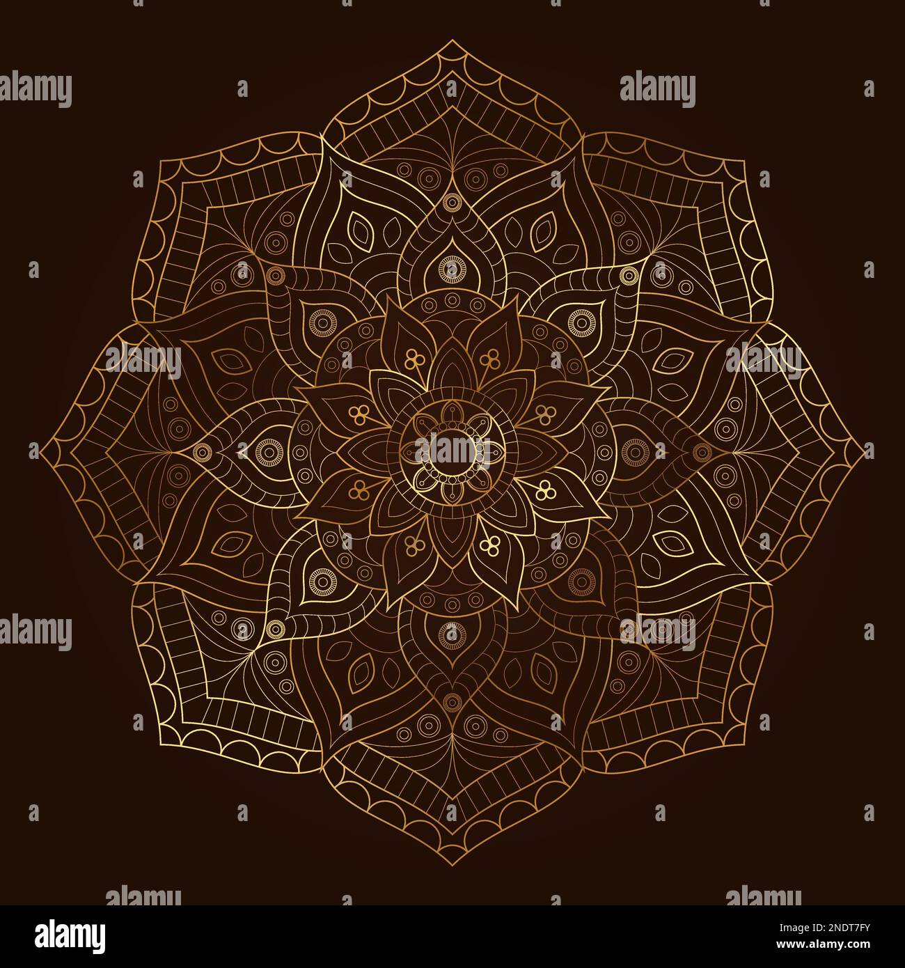 Multi-layered mandala of golden color. Indian pattern on a dark background Stock Vector