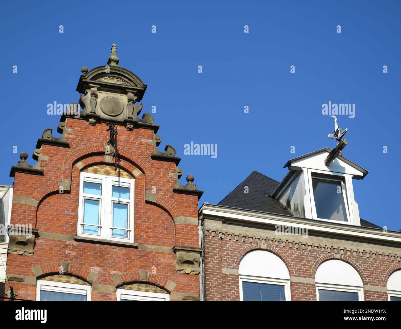 A single Grey Heron (Ardea cinerea) sitting on a moving hook beam at the top of a house. Taken in Amsterdam, Netherlands. Stock Photo