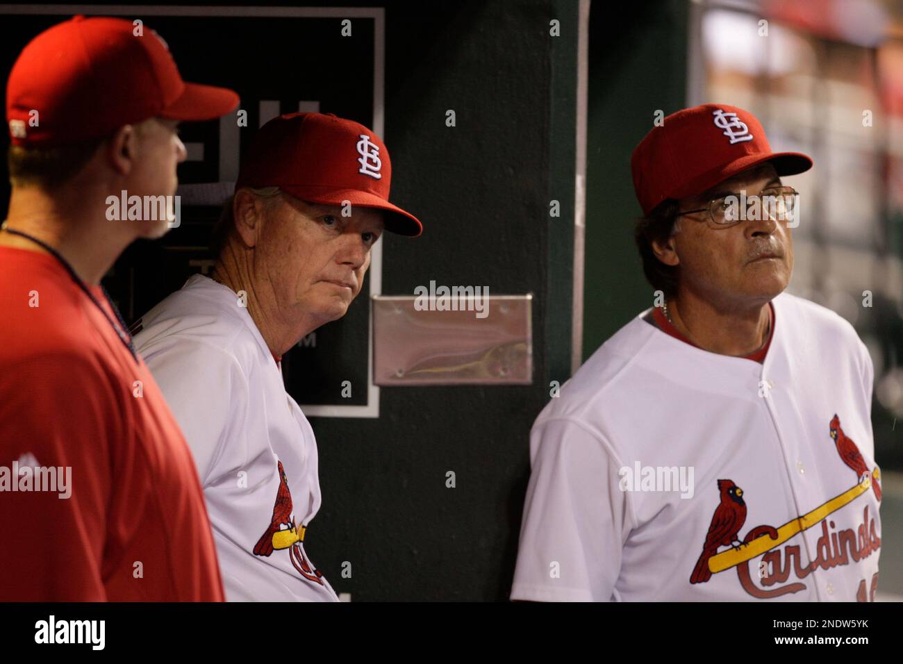 St. Louis Cardinals hitting coach Mark McGwire, left, pitching coach