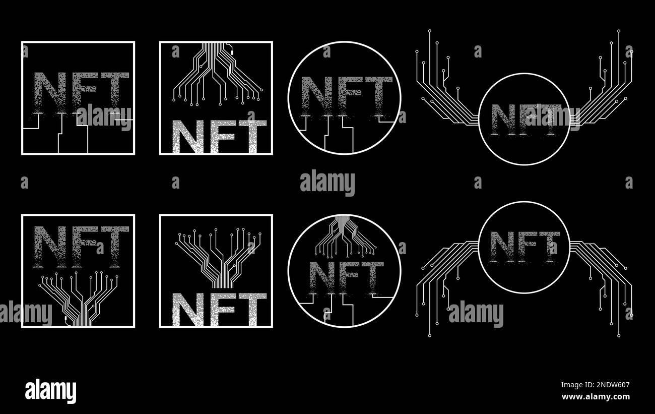 Set of white icons NTF non fungible token isolated on black background. Website design element. Vector illustration. Stock Photo