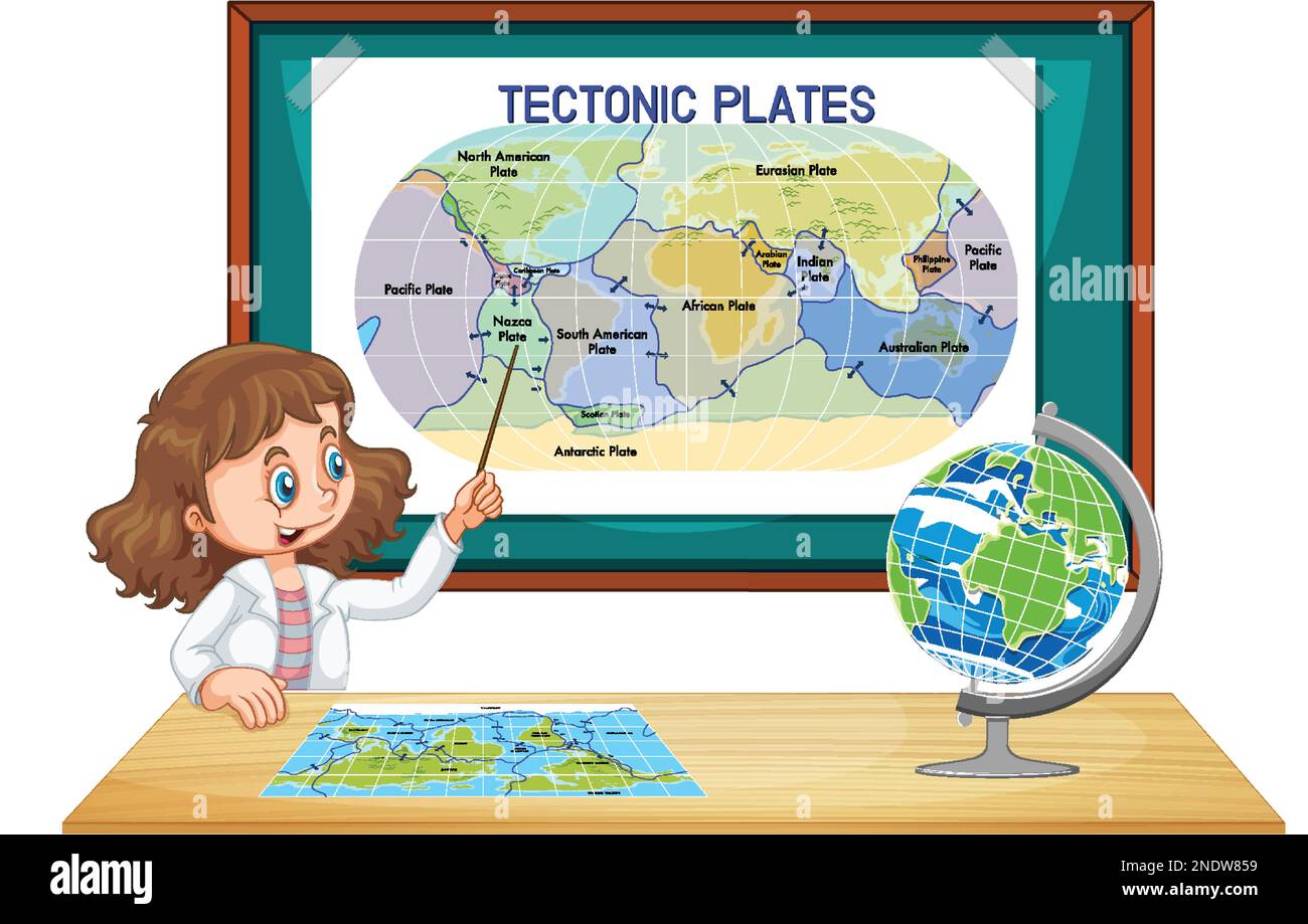Student girl explaining tectonic plates illustration Stock Vector