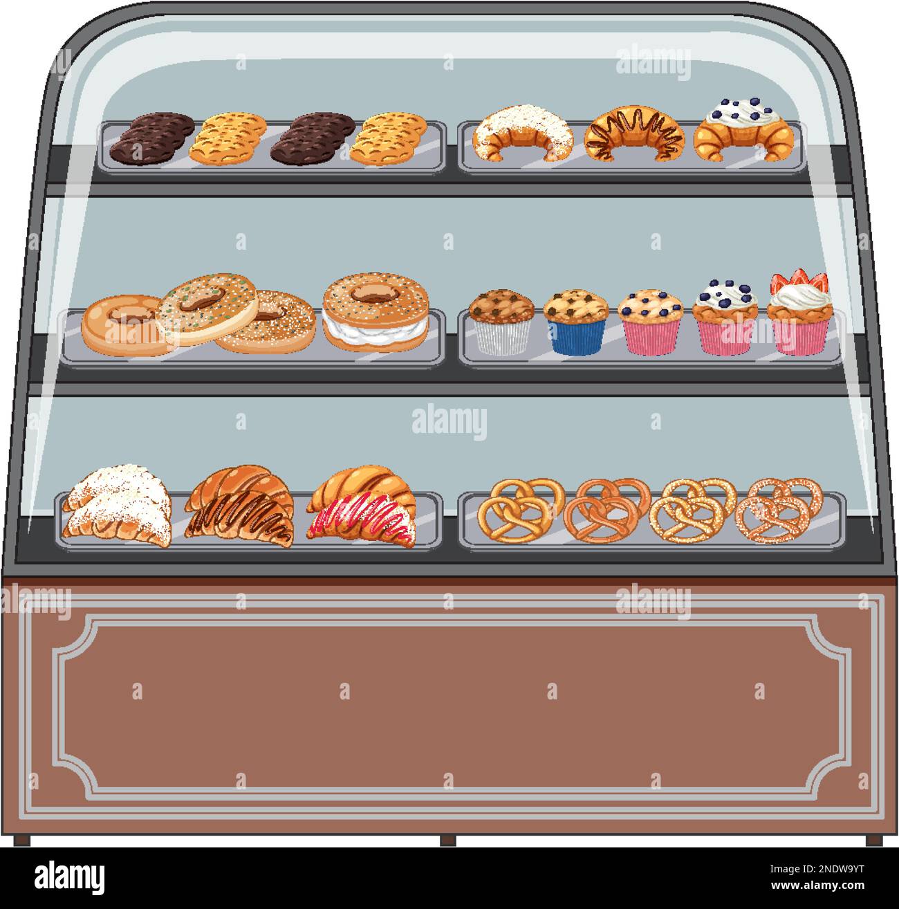 Bakery showcase with pastry products illustration Stock Vector Image