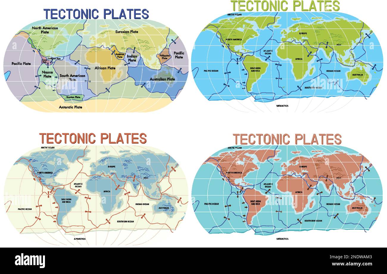 Tectonic plates world map collection illustration Stock Vector