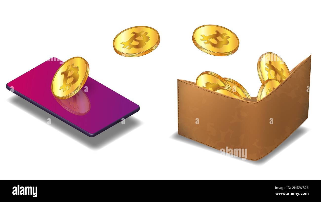 BTC golden coins fly from cellphone into leather wallet isolated on white  background. Isometric concept of transferring bitcoin btc cryptocurrency to  Stock Photo - Alamy