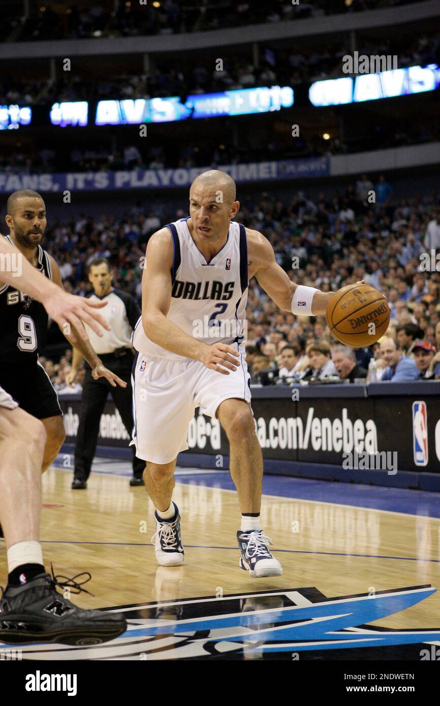 Dallas Mavericks' Jason Kidd (2) and San Antonio Spurs' Tony Parker (9) of  France during a basketball game in the first round of the NBA playoffs,  Tuesday, April 27, 2010 in Dallas. (