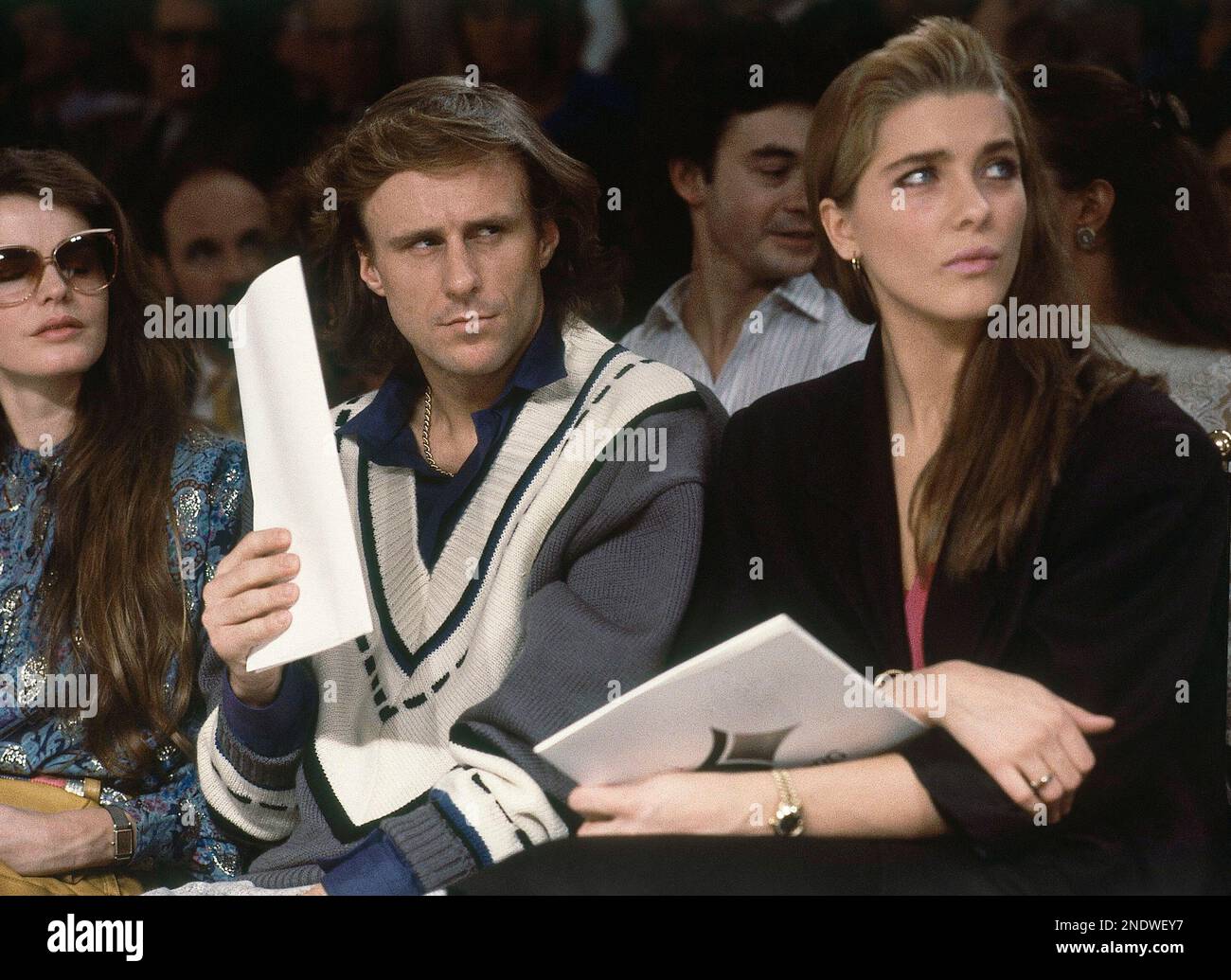 Former tennis star fashion designer Bjorn Borg is shown with his 17-year-old Jannike Bjorling as they attend his men's wear fashion show in Paris, Feb. 2, 1985. (AP Photo/Pierre Gleizes