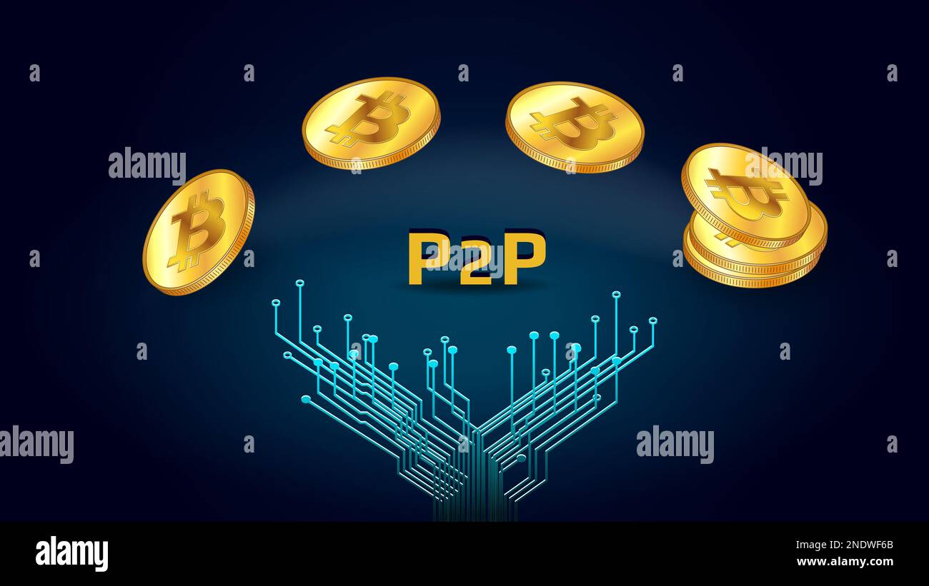 Bitcoin coins over PCB tracks and P2P text isolated on dark blue  background. Transferring cryptocurrency BTC peer to peer. For banner or  news. Vector Stock Photo - Alamy