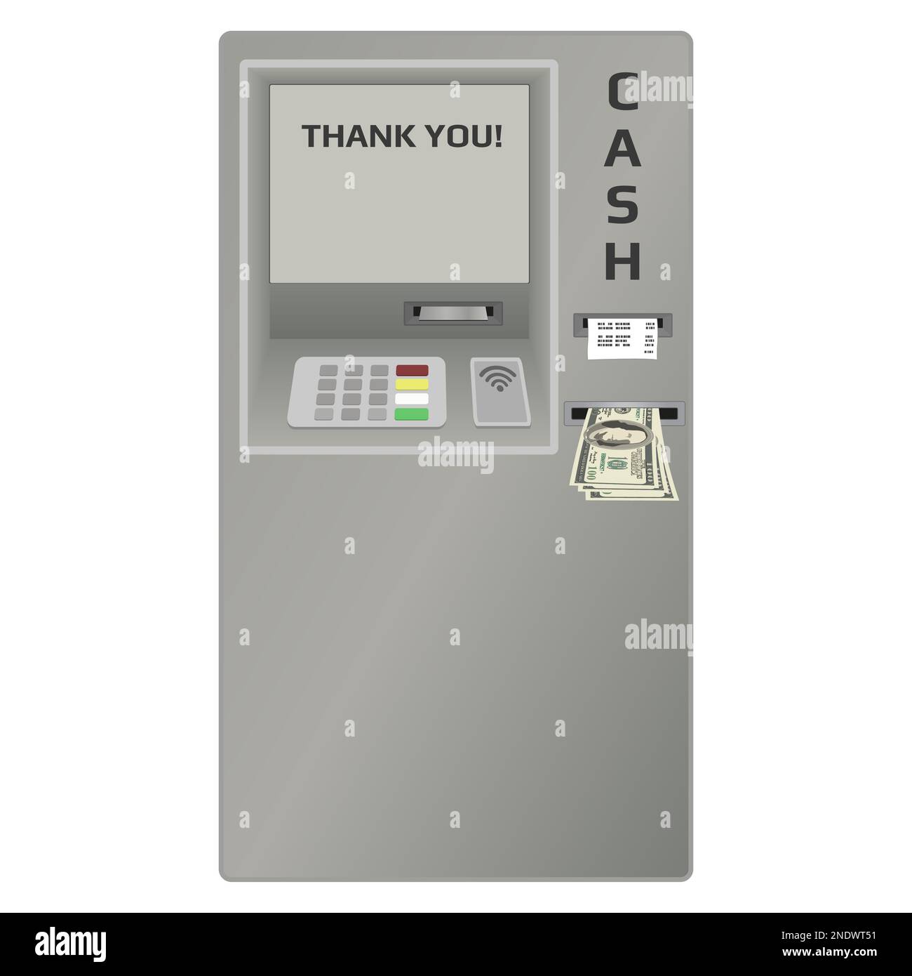 ATM machine with cash dollars and check in slot frontally isolated on