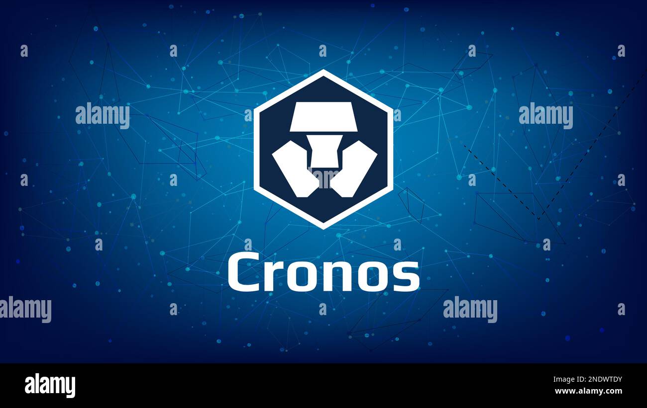 Cronos CRO token symbol on dark blue polygonal background.