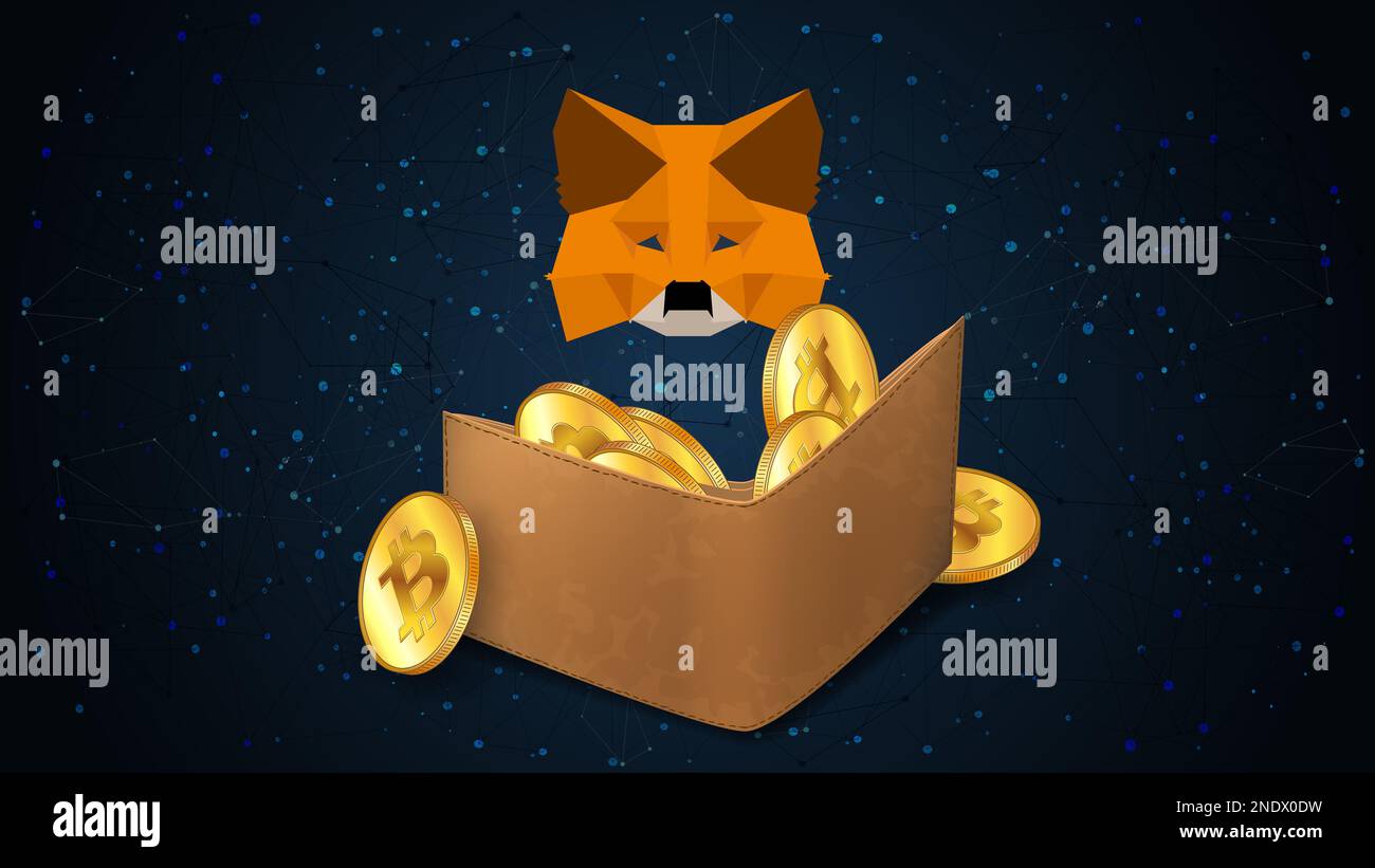 Cryptocurrency wallet with Bitcoin coins and MetaMask logo on polygonal  wireframe dark background. Crypto wallet for Defi, Web3 Dapps and NFTs.  Vector Stock Photo - Alamy