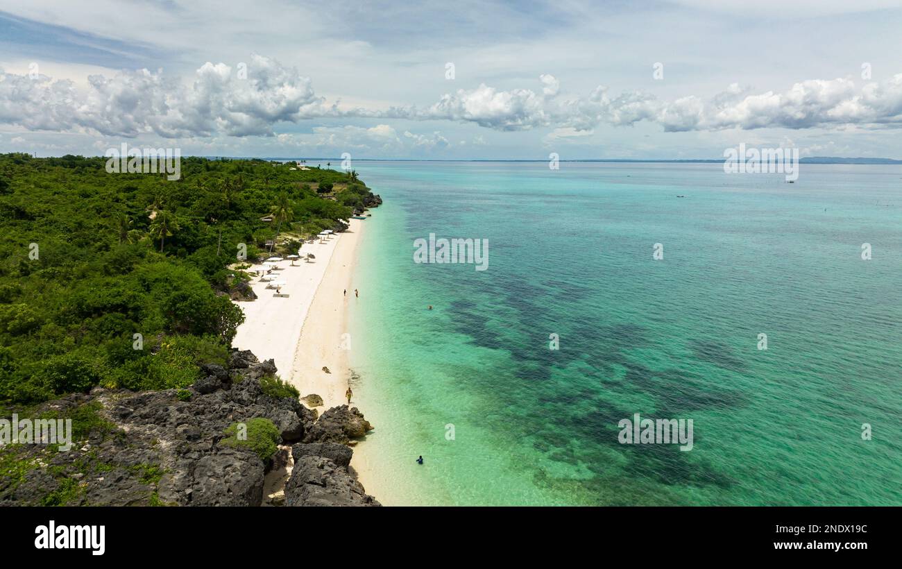 Aerial view of tropical sandy beach and blue sea. Bantayan island ...
