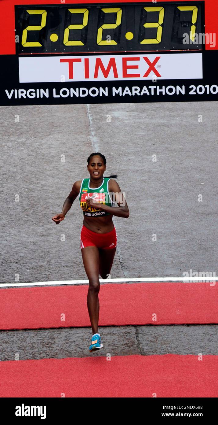 Ethiopia's Aselefech Mergia crosses the finish line to place third in