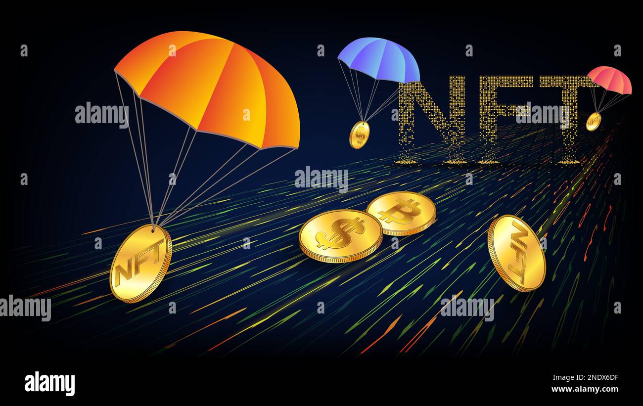 Futuristic NFT non fungible token airdrop concept with receding perspective  on the digital road and golden coins of Bitcoin, NFT and Dollars with para  Stock Photo - Alamy