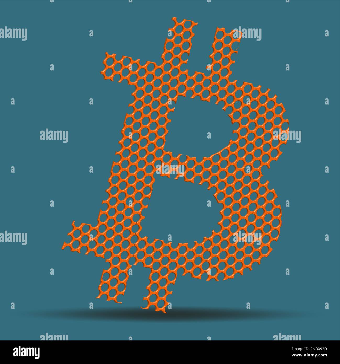 Bitcoin BTC sign from 3d holey mesh like cheese isolated on blue ...