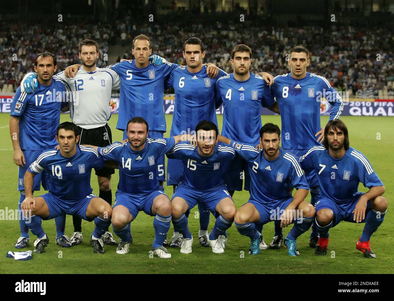 FOR STORY MUNDIAL GRUPO B ** FILE - In this Oct. 10, 2009, file photo,  Greece's national soccer team front row from left to right Giorgos  Karagounis. Dimitrios Salpigidis,Vassilis Torosidis, Giourkas