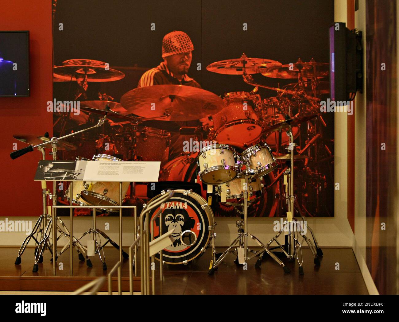 Black Eyed Peas drummer Keith Harris' drum set is on display Wednesday