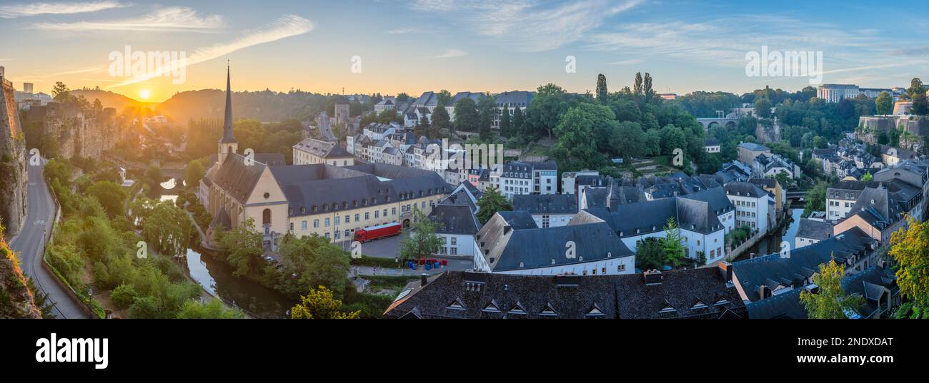 Grand Duchy of Luxembourg, sunrise panorama city skyline at Grund along Alzette river in the historical old town of Luxembourg Stock Photo