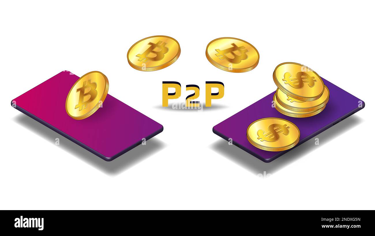 Isometric concept of transferring and converting bitcoin BTC to dollars USD  peer to peer P2P using mobile phone isolated on white background. Coins fl  Stock Photo - Alamy