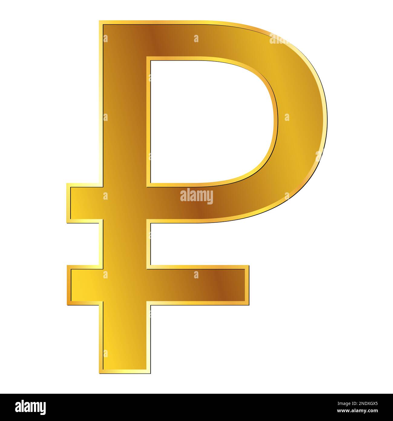 Russian ruble RUB currency golden sign in front view isolated on white