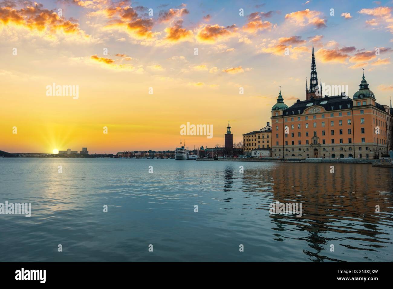 Stockholm Sweden, sunset city skyline at Stockholm City Hall and Gamla Stan Stock Photo