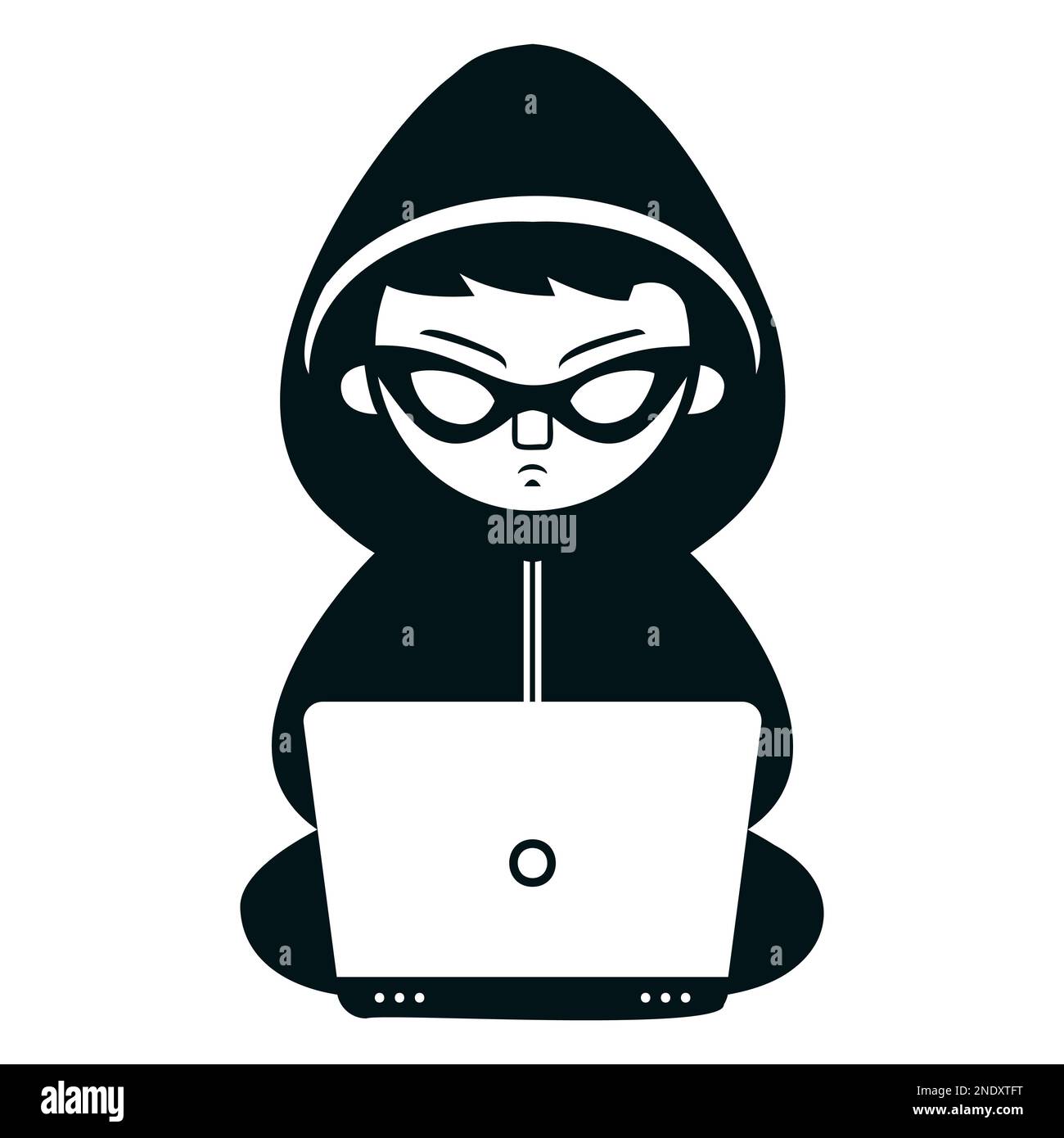 black icon of a hacker in a mask with a laptop. flat vector illustration. Stock Vector