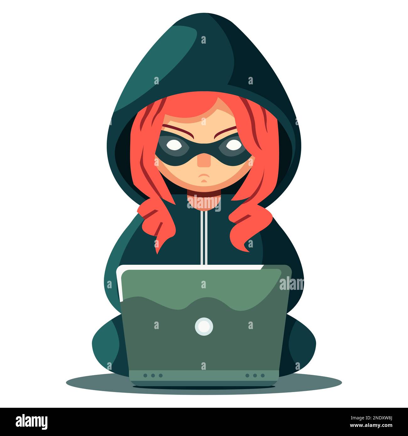 hacker girl character with masked laptop and red hair. flat vector illustration. Stock Vector
