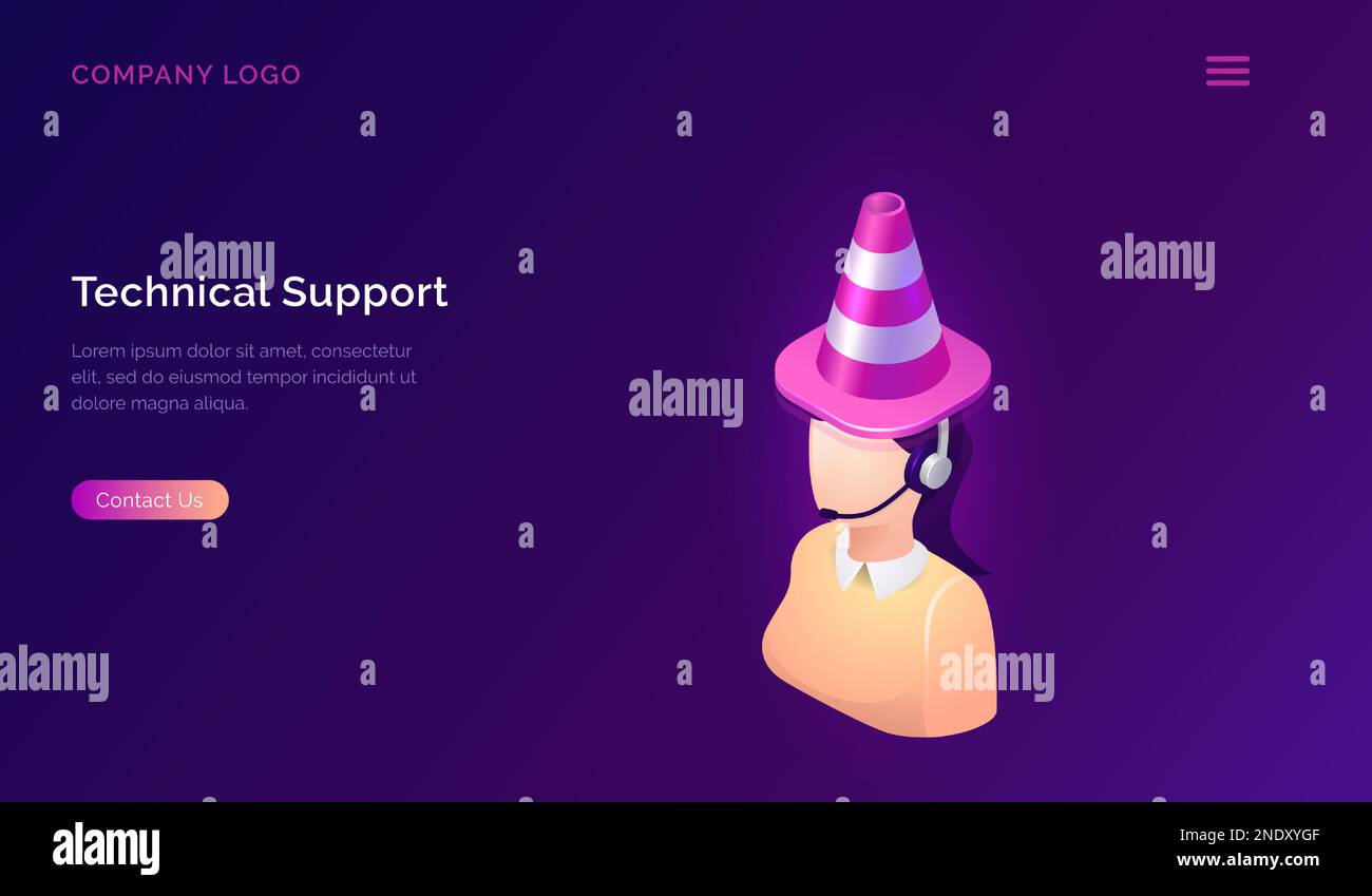 Technical support or online assistant isometric concept vector illustration. Female figure in headset and traffic cone on head, angry call center operator or telemarketer, isolated on purple banner Stock Vector