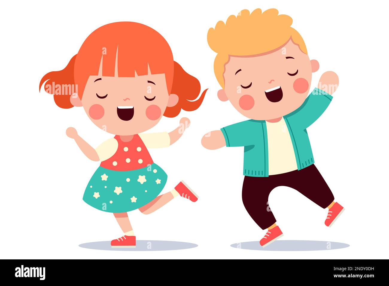 cute children dance with pleasure. a boy and a girl jump and rejoice to the music. flat vector