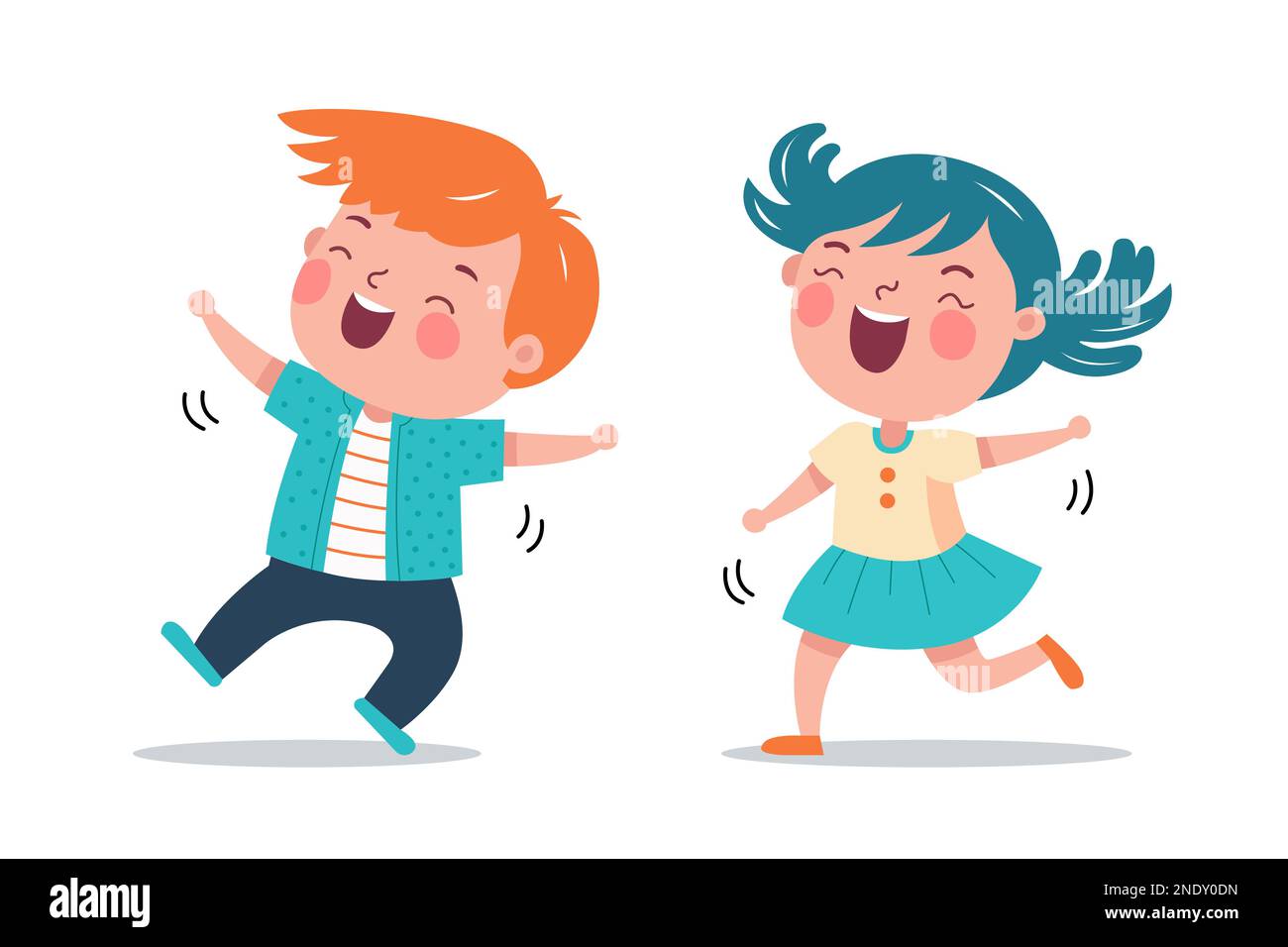 cute children dance with pleasure. a boy and a girl jump and rejoice to the music. flat vector