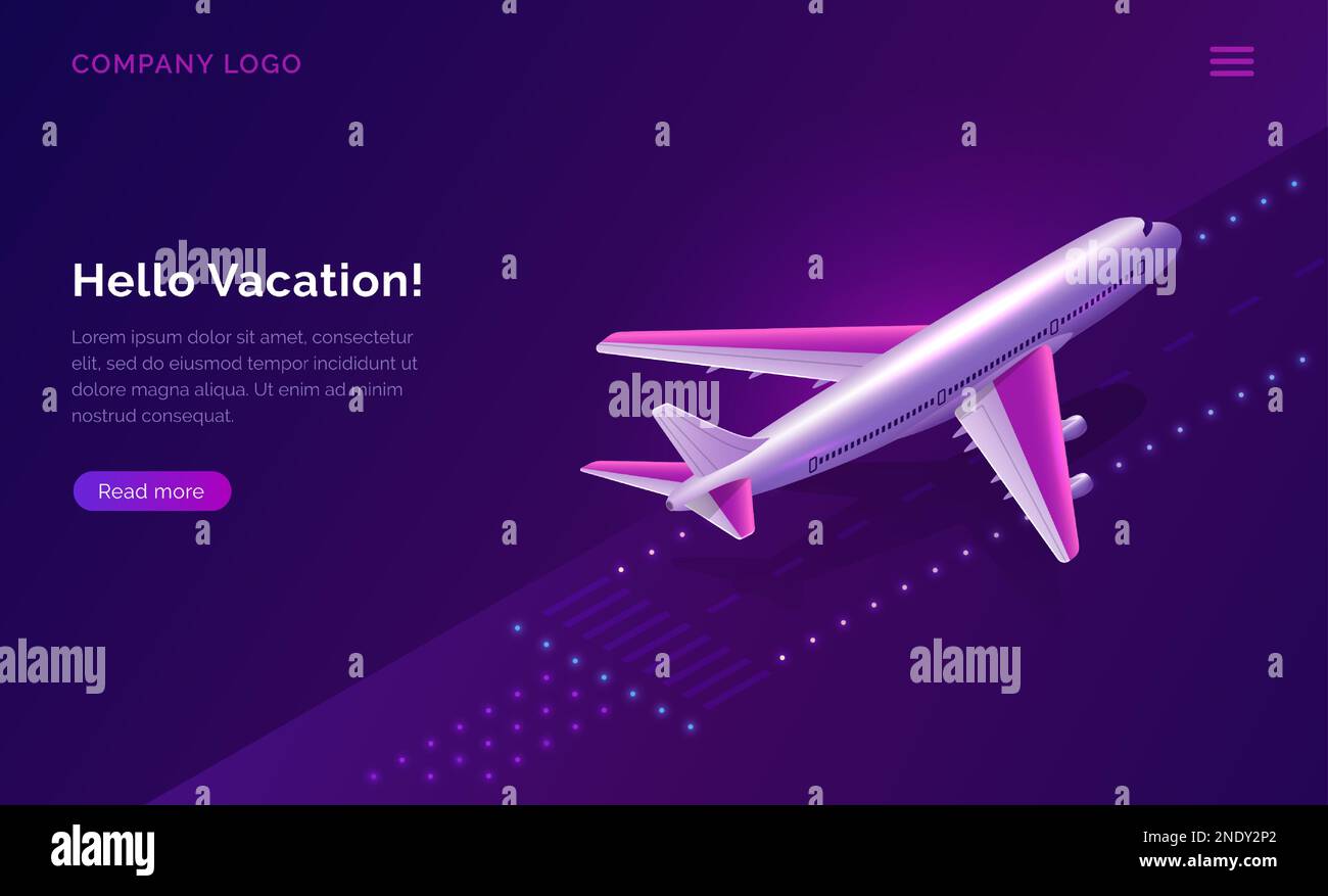 Hello, vacation, isometric travel concept vector illustration. Airport runway with burning lights and plane taking off on purple background. Modern design for web page, ticket sales or travel agency Stock Vector