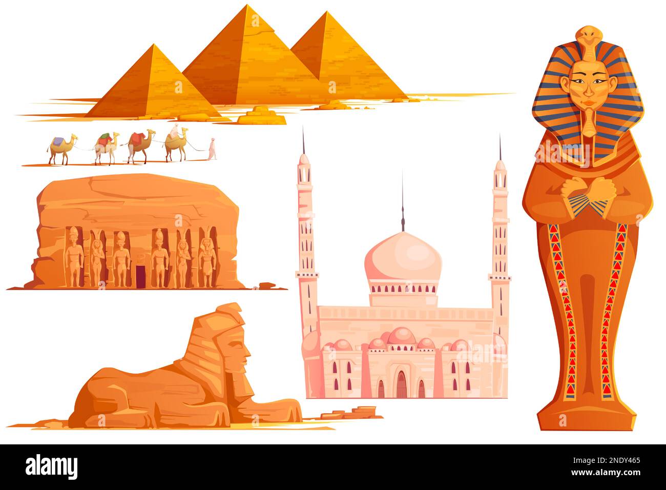 Ancient Egypt vector cartoon set. Egyptian culture symbol collection and famous place, pharaoh sarcophagus, sphinx, religious temple building with stone sculptures, pyramids and camel caravan isolated Stock Vector