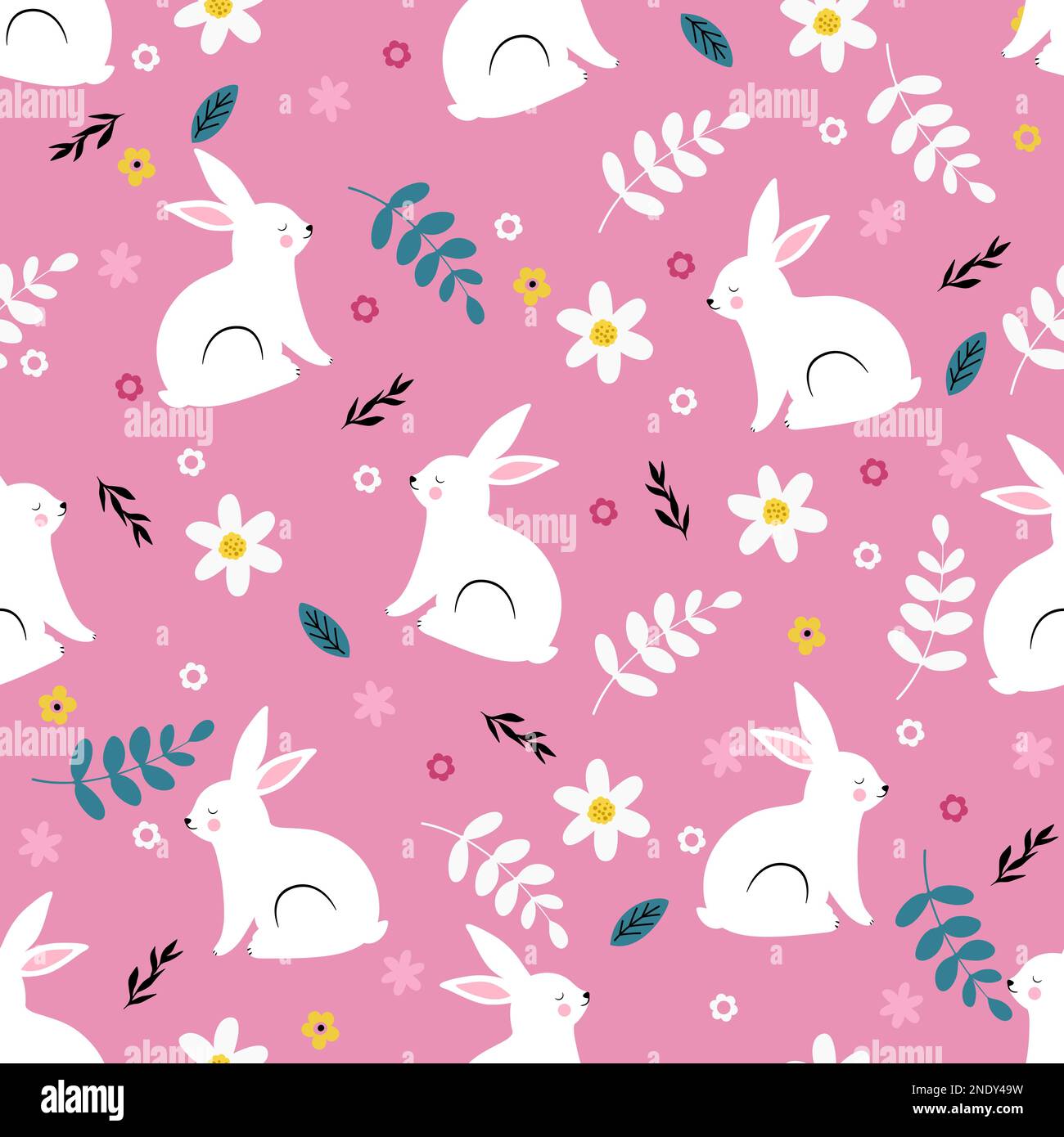 Cute white rabbit fith flowers and leaves. Seamless spring pattern ...